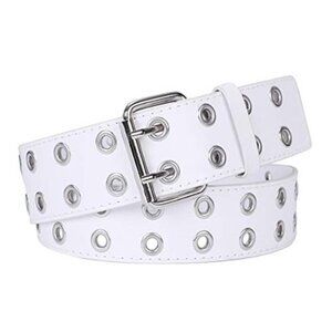 Double Grommet Punk Belt White Vegan Leather Studded Belt for Women Men Jeans